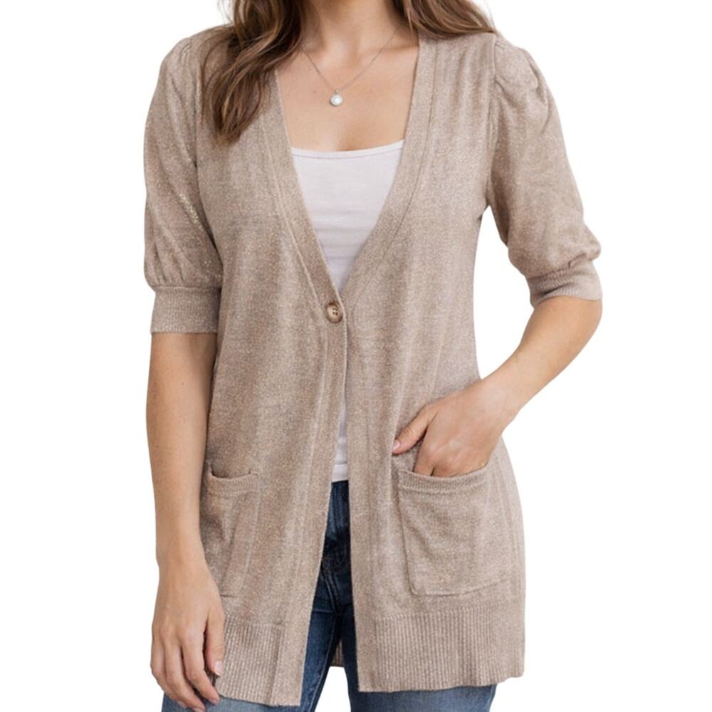 Frenchi Women's Small Sweater Cardigan Sparkle Tan Knit